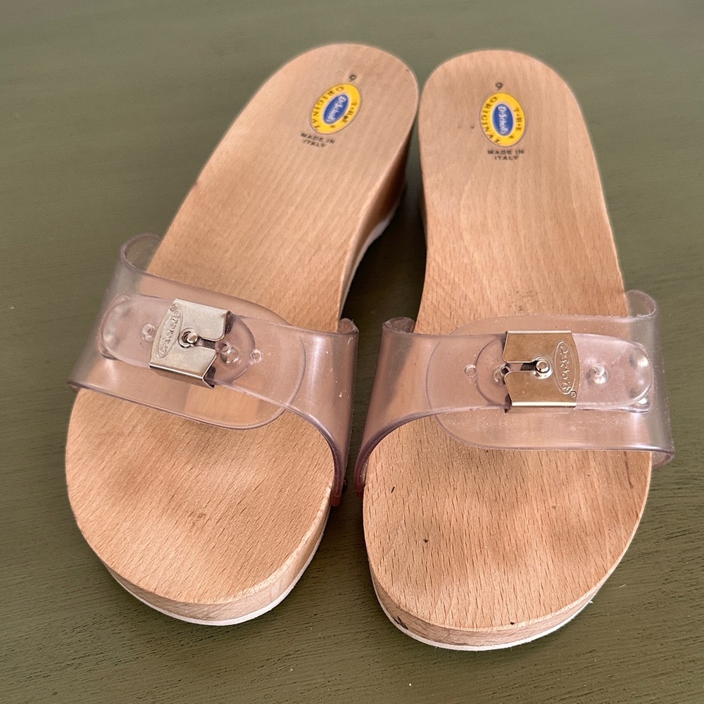 Dr. Scholl’s Clear wooden slides Sz. 9